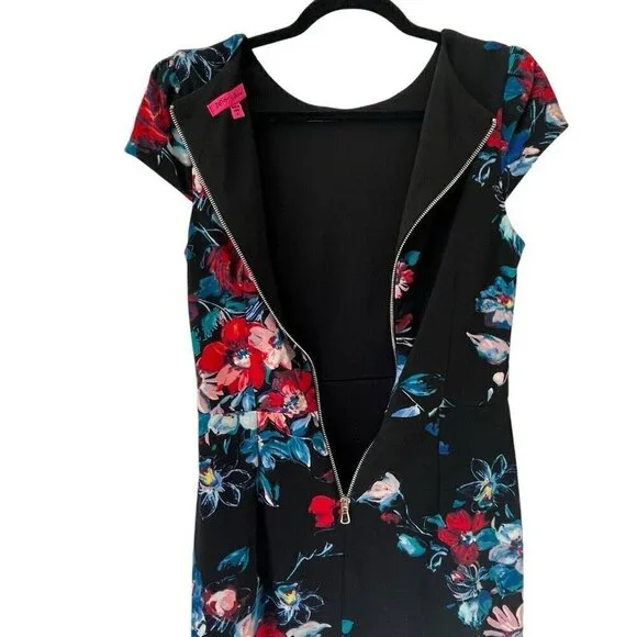 Betsey Johnson Sz 6 Black Floral Midi Bodycon Career Dress Office Siren Party - Picture 5 of 14